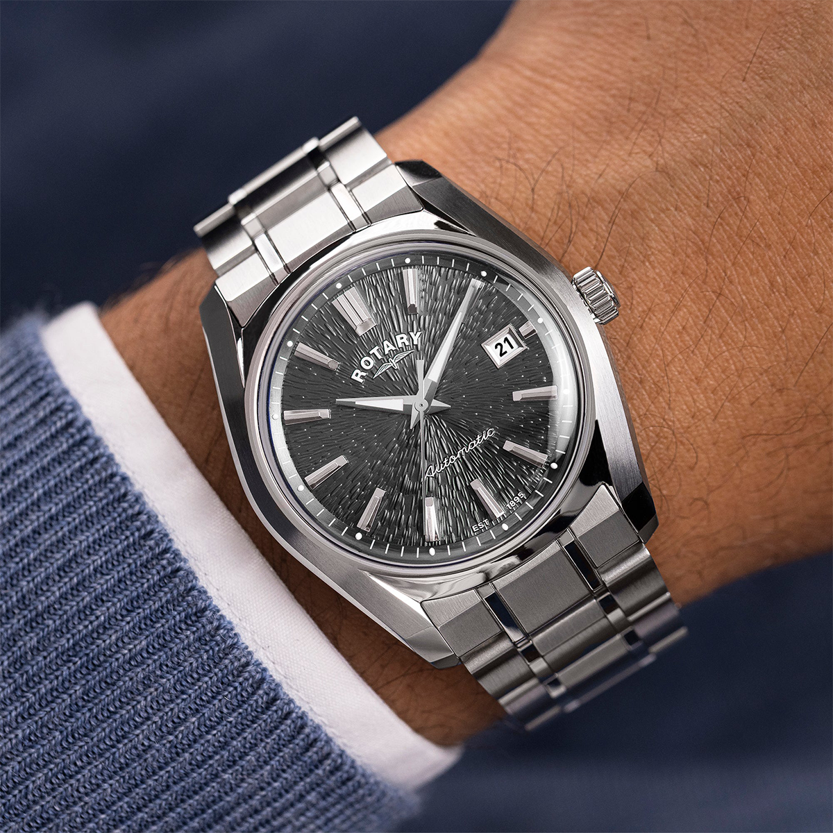Model wears Rotary Lumen Automatic, Grey Dial with Stainless Steel Bracelet RGB10011/74