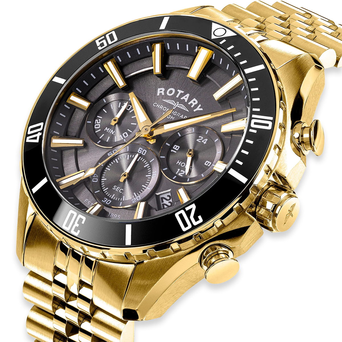 Rotary Apex 100 Chronograph, Black Dial with Gold Plated Bracelet RGB10014/04