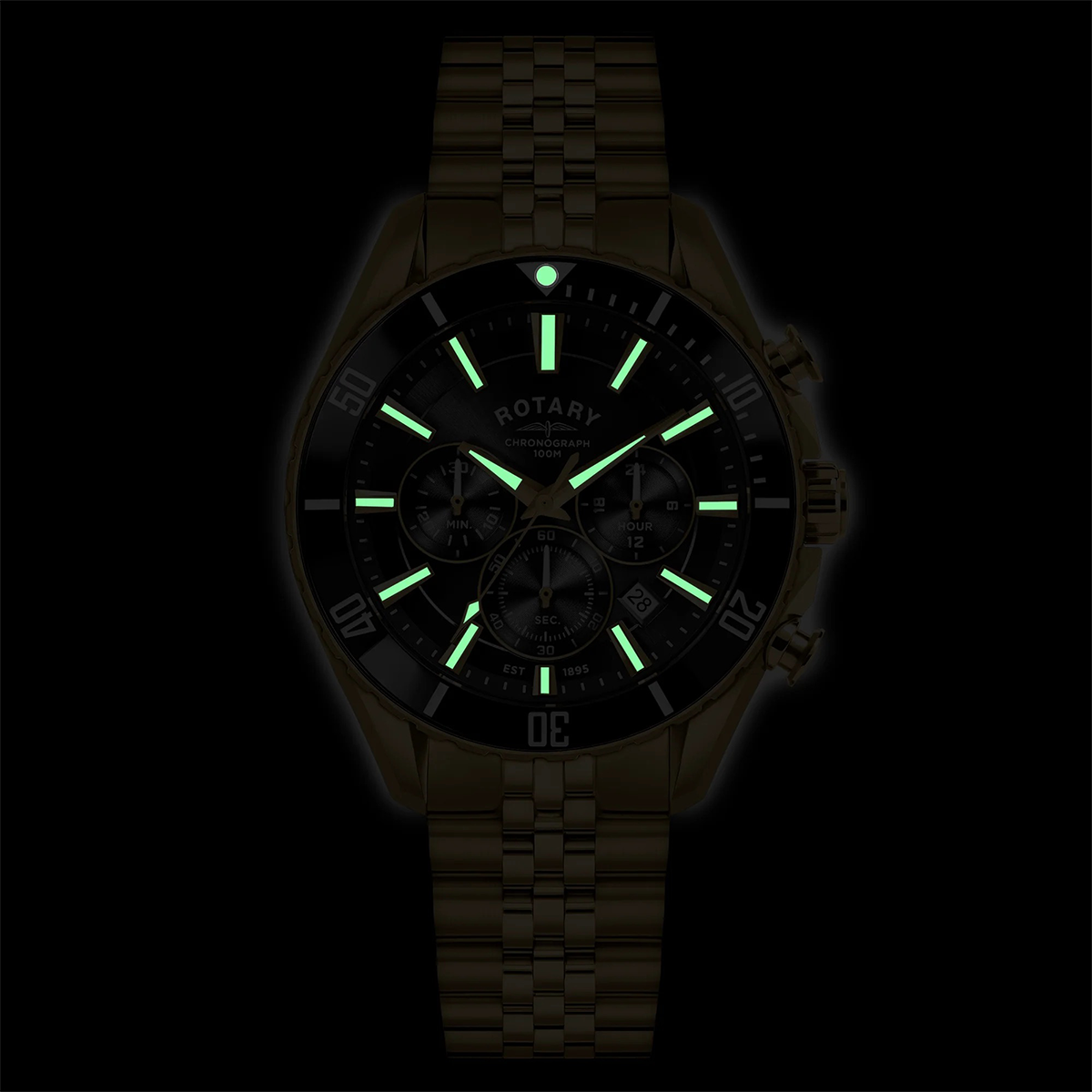 Rotary Apex 100 Chronograph, Black Dial with Gold Plated Bracelet RGB10014/04