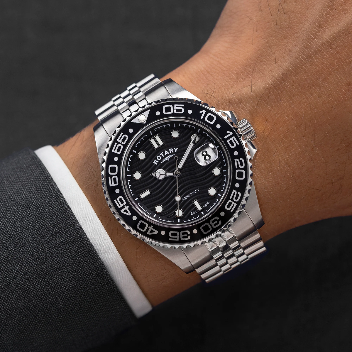 Model wears Rotary Apex 100 Watch, Black Dial with Stainless Steel Bracelet - RGB10015/04