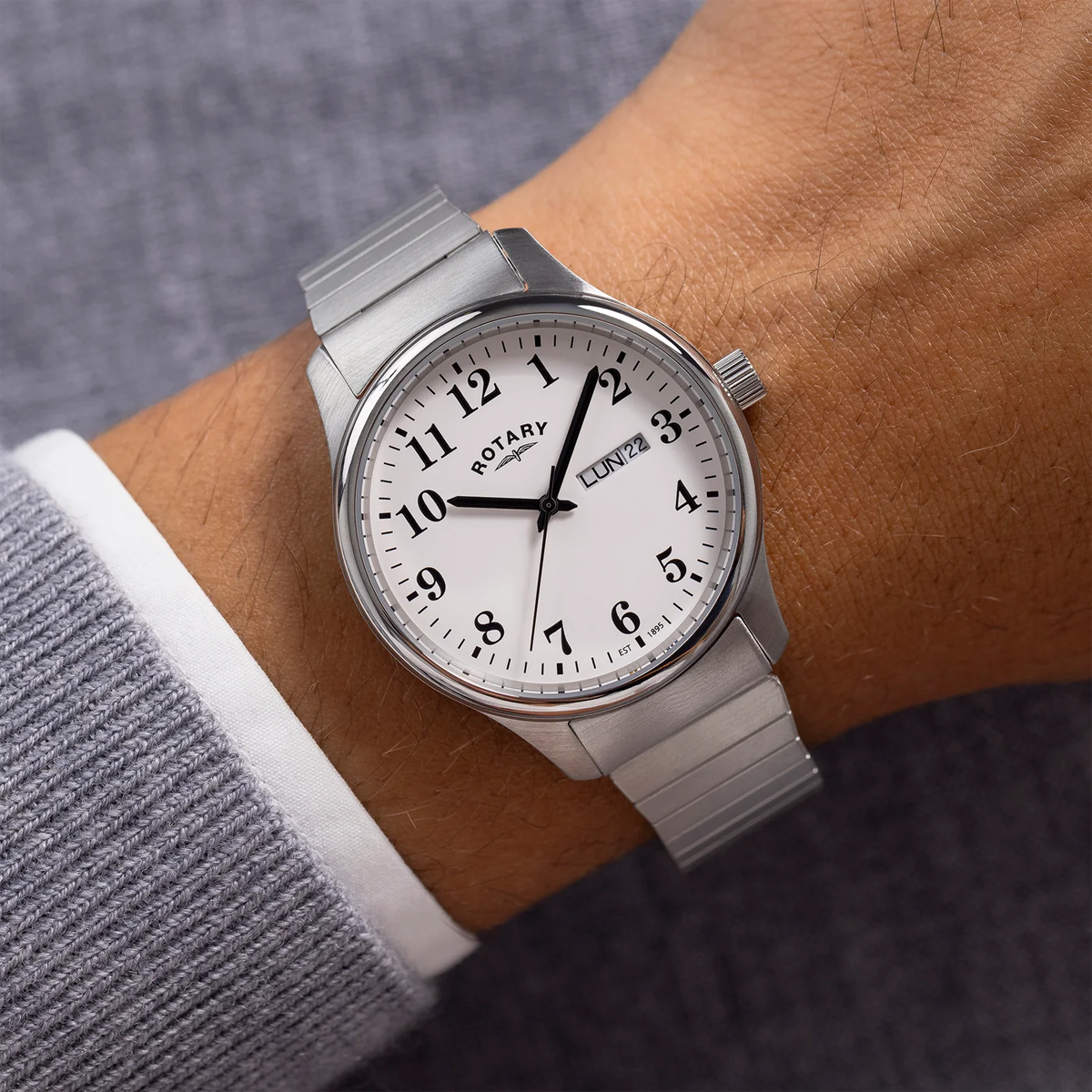 Model wears Rotary Heritage Altera, White Dial with Stainless Steel Bracelet - RGB10025/01