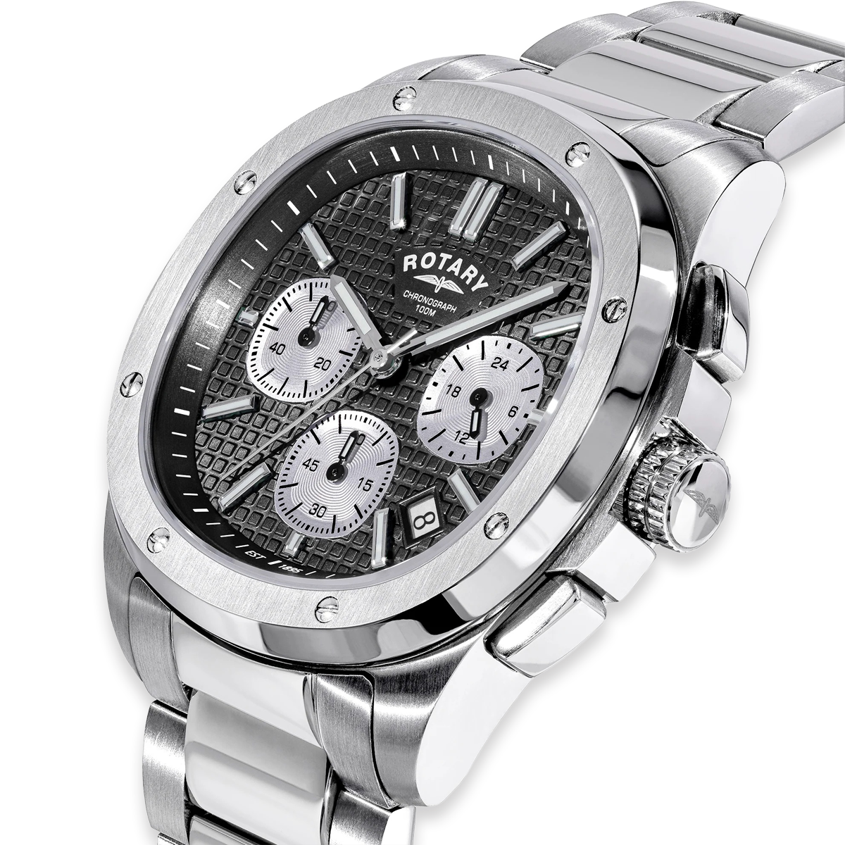 Rotary Apex 100 Chronograph, Black Dial with Stainless Steel Bracelet RGB10027/04