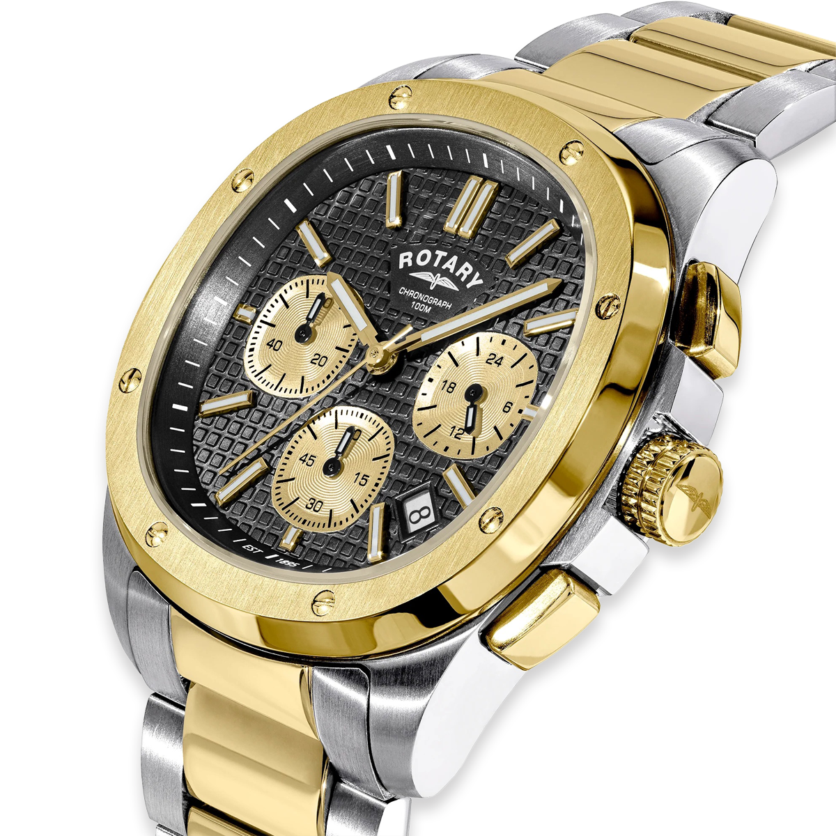 Rotary Apex 100 Chronograph 2-Tone Watch, Black Dial with Stainless Steel Bracelet RGB10032/04