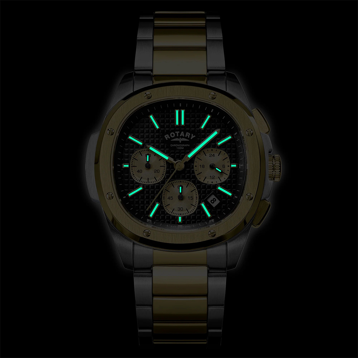 Rotary Apex 100 Chronograph 2-Tone Watch, Black Dial with Stainless Steel Bracelet RGB10032/04