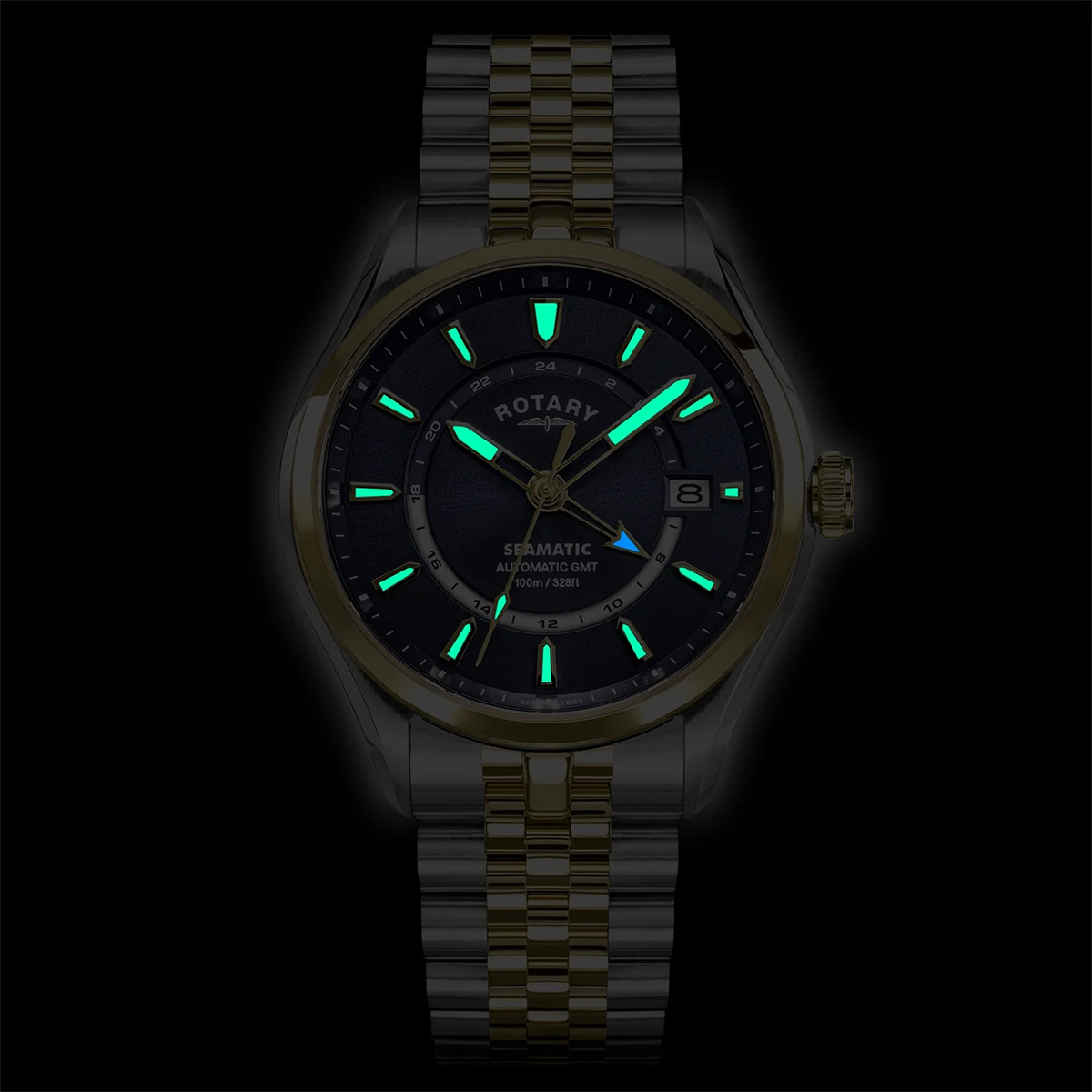 Rotary Seamatic 100 GMT Automatic 2-Tone Watch, Blue Dial with Stainless Steel Bracelet - RGB10042/05