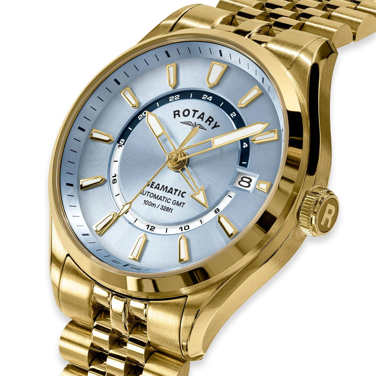 Rotary Seamatic 100 GMT Automatic, Light Blue Dial with Gold Plated Bracelet RGB10044/57