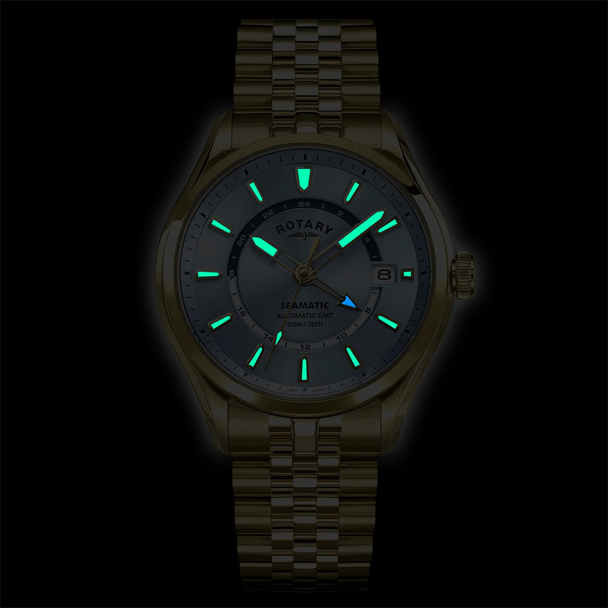 Rotary Seamatic 100 GMT Automatic, Light Blue Dial with Gold Plated Bracelet RGB10044/57