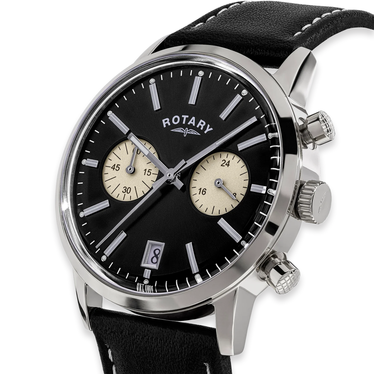 Rotary 1895 Chronograph, Black Dial with Black Leather Strap RGS10067/04