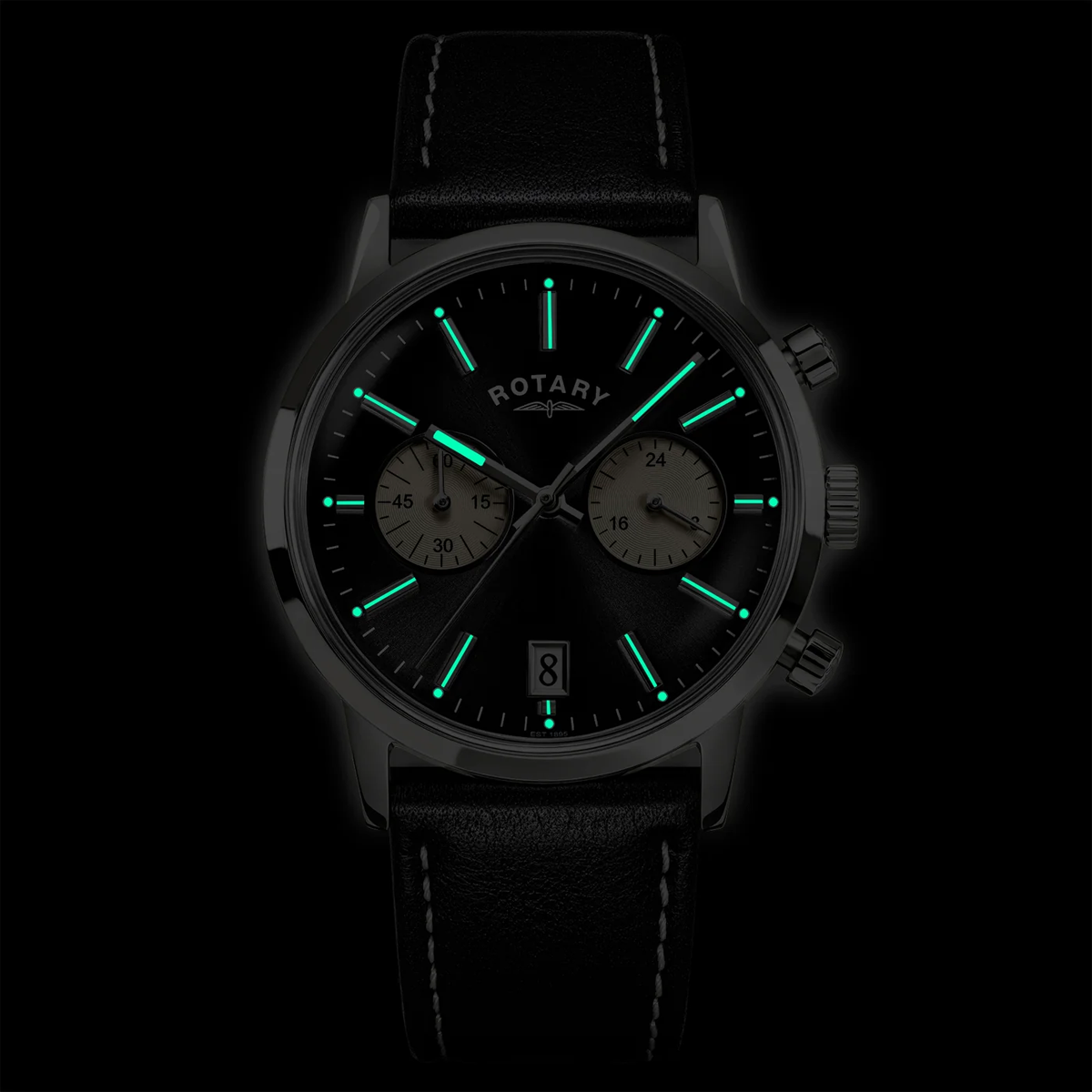 Rotary 1895 Chronograph, Black Dial with Black Leather Strap RGS10067/04