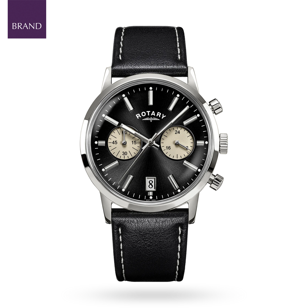 Rotary 1895 Chronograph, Black Dial with Black Leather Strap RGS10067/04