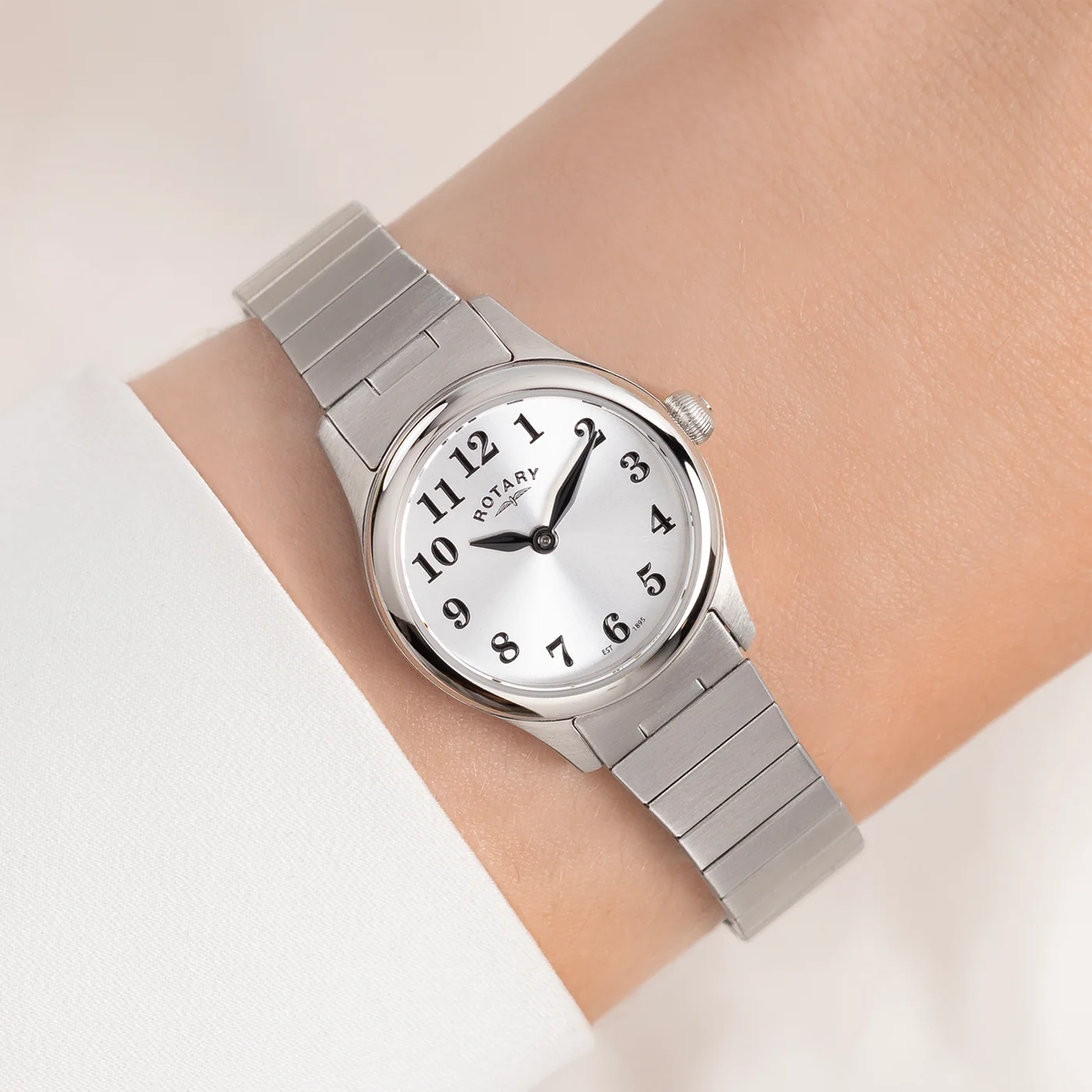 Model wears Rotary Heritage Altera, Round White Dial with Stainless Steel Bracelet - RLB05760/22