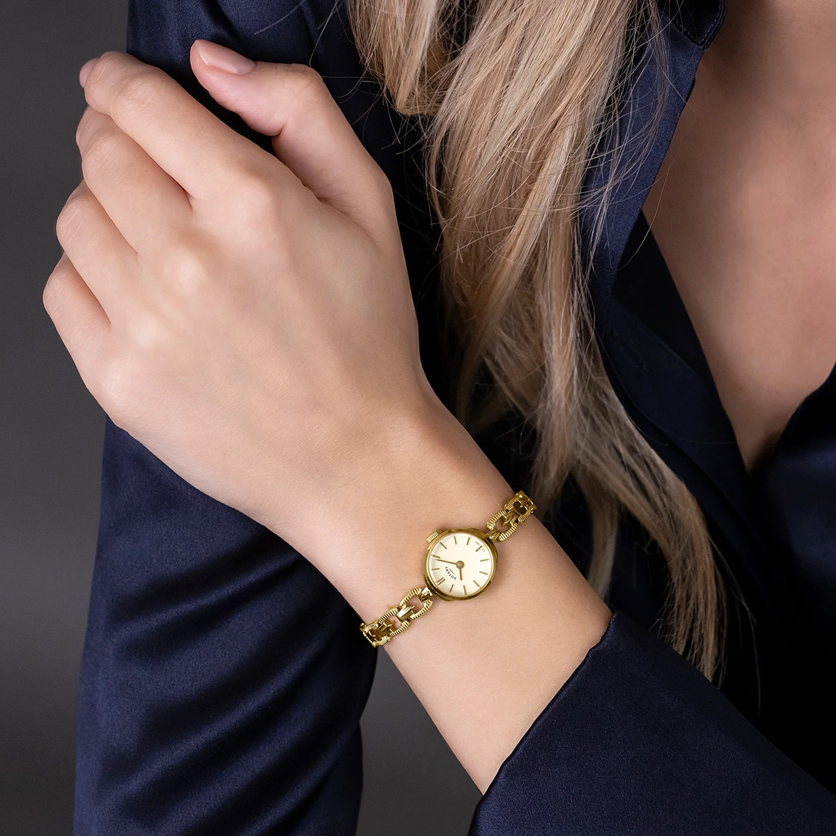 Model wears Rotary 1895, White Dial with Gold Plated Bracelet - RLB10004/03