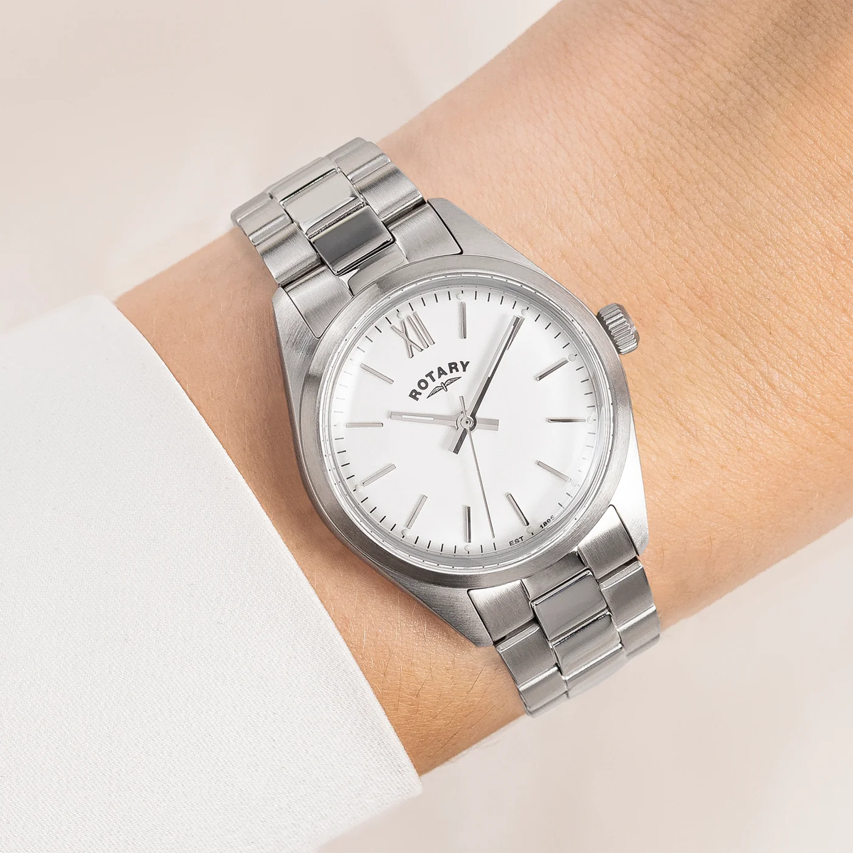 Model wears Rotary Heritage Ladies 32mm, White Dial with Stainless Steel Bracelet RLB10005/01