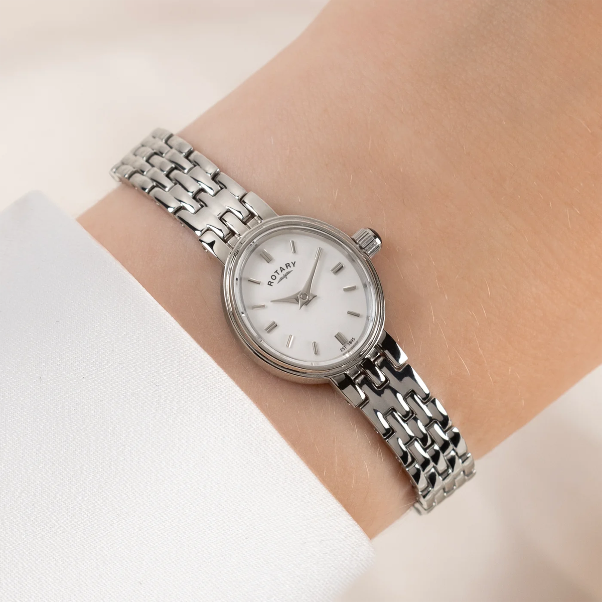 Model wears Rotary Cocktail, White Dial with Stainless Steel Bracelet - RLB10033/02