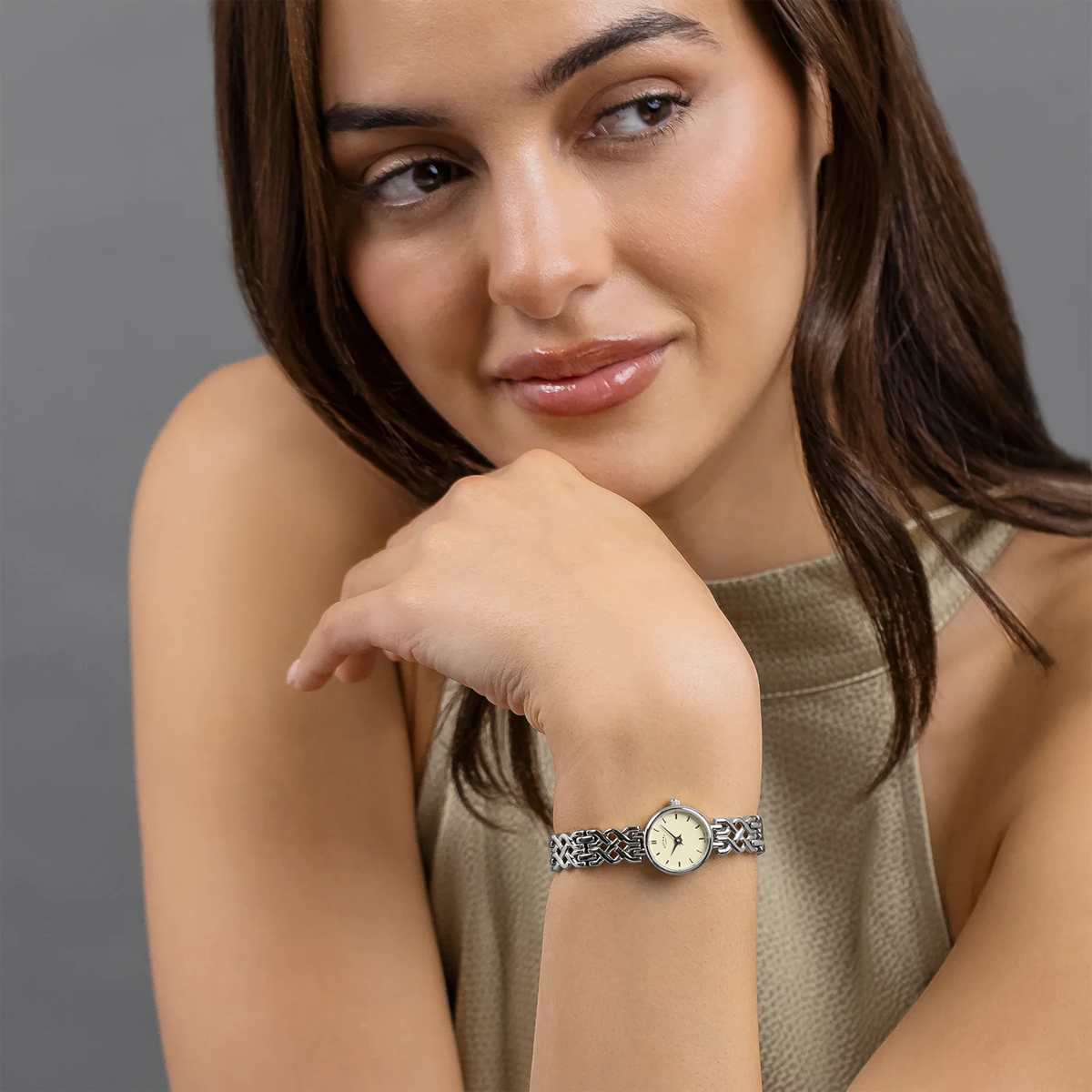 Model wears Rotary 1895, Cream Dial with Stainless Steel Bracelet RLB10045/70