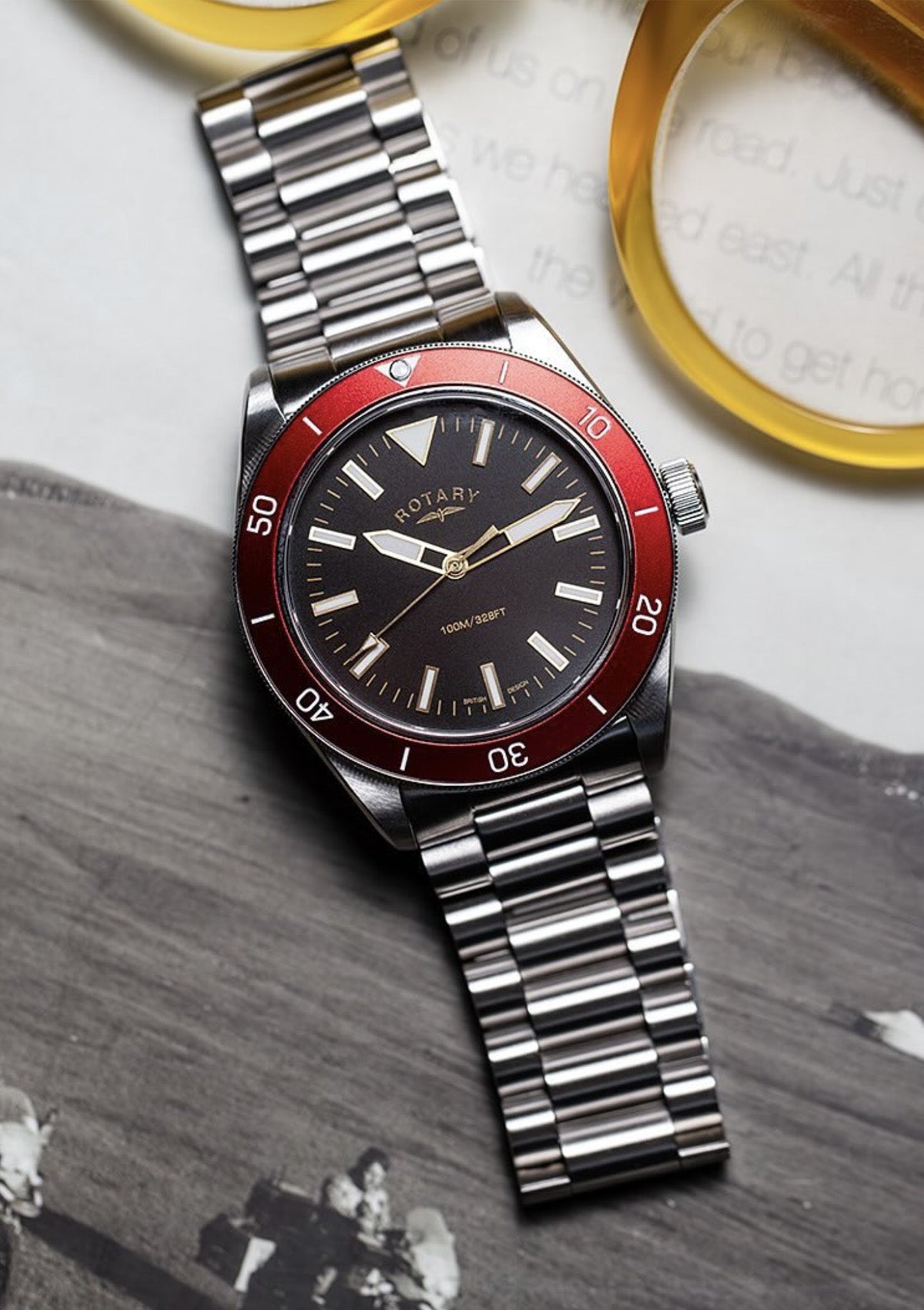 Rotary Apex 100 Watch, Red Bezel with Stainless Steel Bracelet