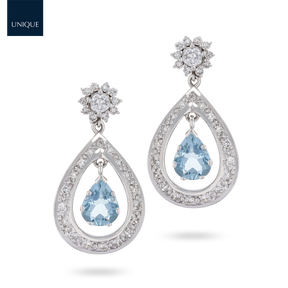 18ct White Gold Aquamarine & Diamond Pear Shaped Drop Earrings