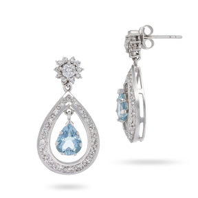 18ct White Gold Aquamarine & Diamond Pear Shaped Drop Earrings