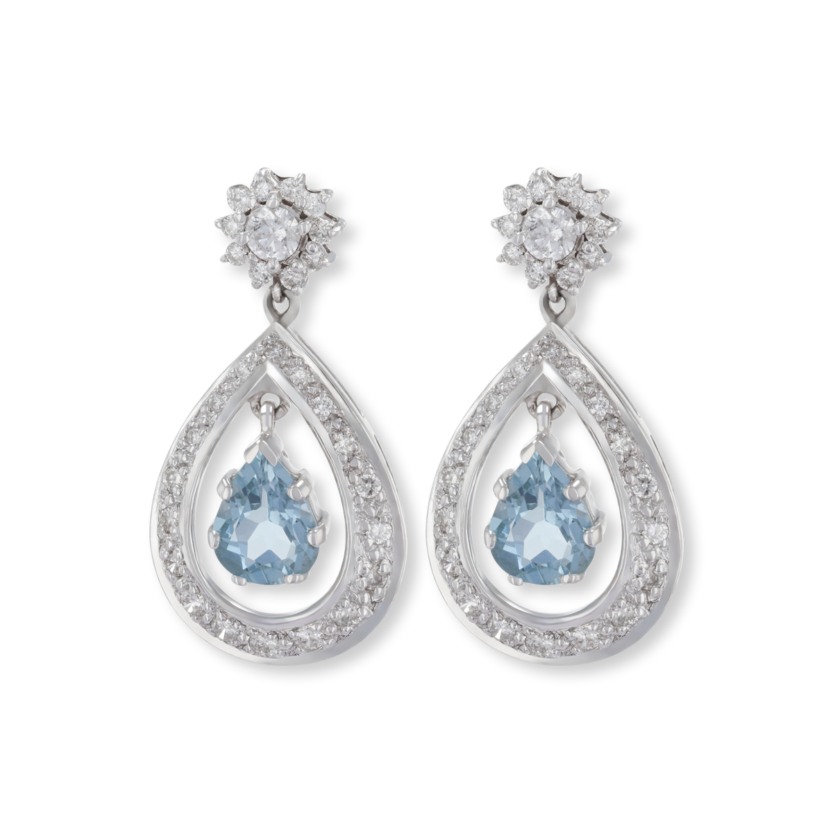 18ct White Gold Aquamarine & Diamond Pear Shaped Drop Earrings