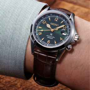 Model wears Seiko Prospex “Alpinist” Automatic, Green Dial With Brown Leather Strap - SPB121J1