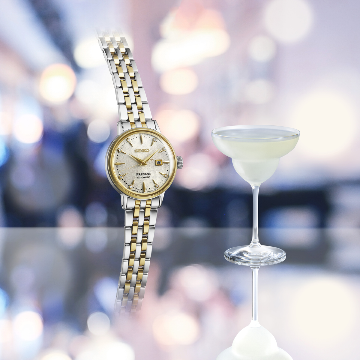 Seiko Presage Cocktail Time “White Lady” Diamond Twist, Gold Dial with 2-Tone Bracelet - SRE010J1