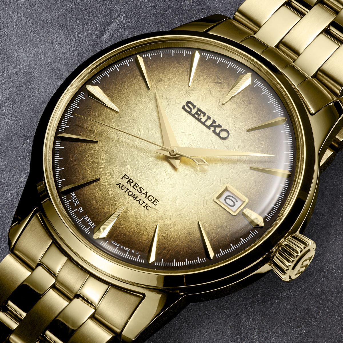 Seiko Presage Cocktail Time “Half and Half”, Gold Dial With Gold Plated Bracelet - SRPK48J1