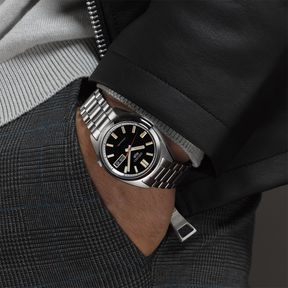 Model wears Seiko 5 Sports SNXS 'Deep Black Wash' Classic Sports - SRPK89K1