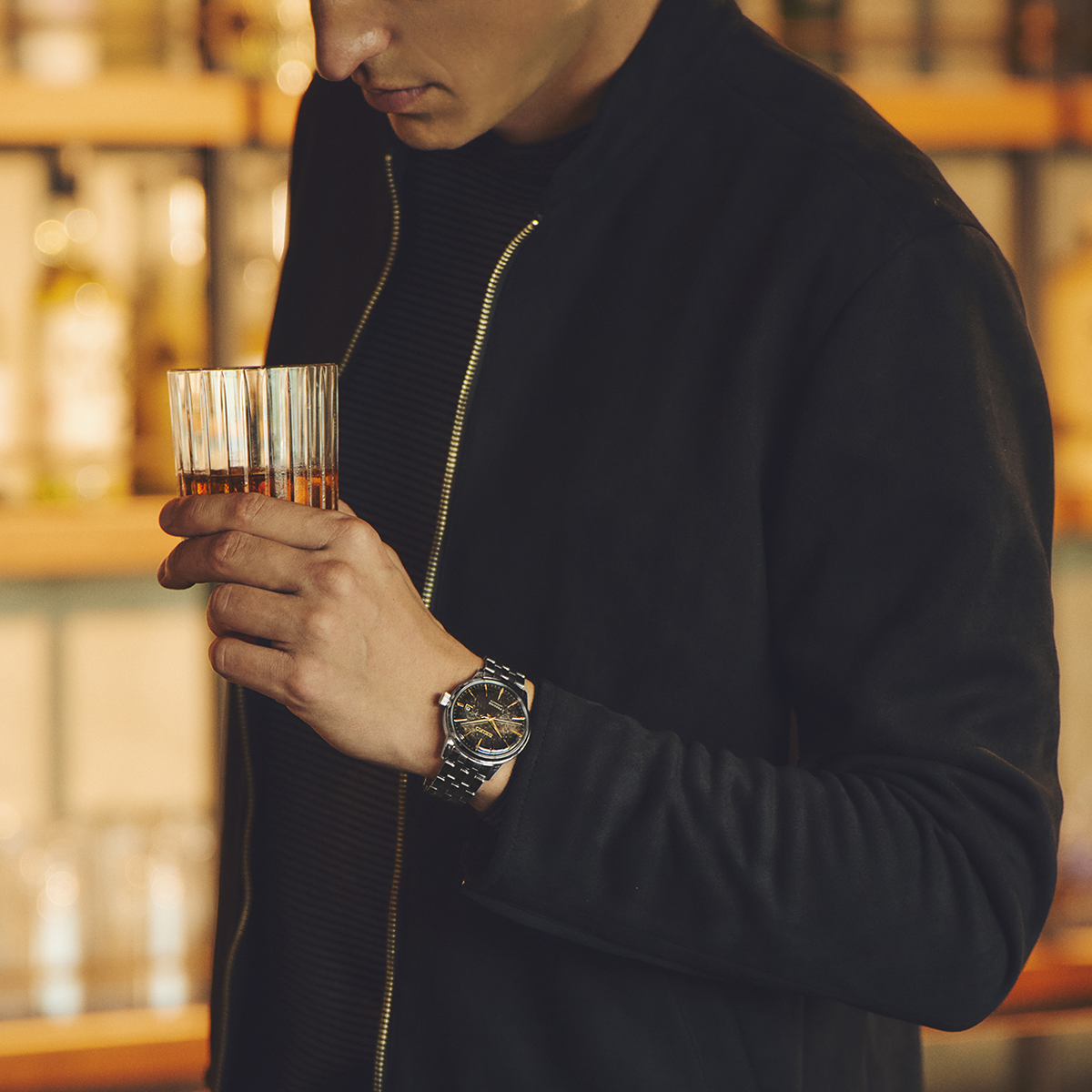 Model wears Seiko Presage Cocktail Time - Star Bar Limited Edition - SRPK93J1