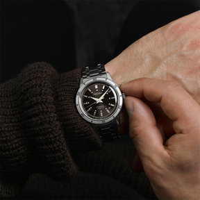 Model wears Seiko Presage Style 60s 'Elegant Yet Rugged' In Brown - SRPL09J1