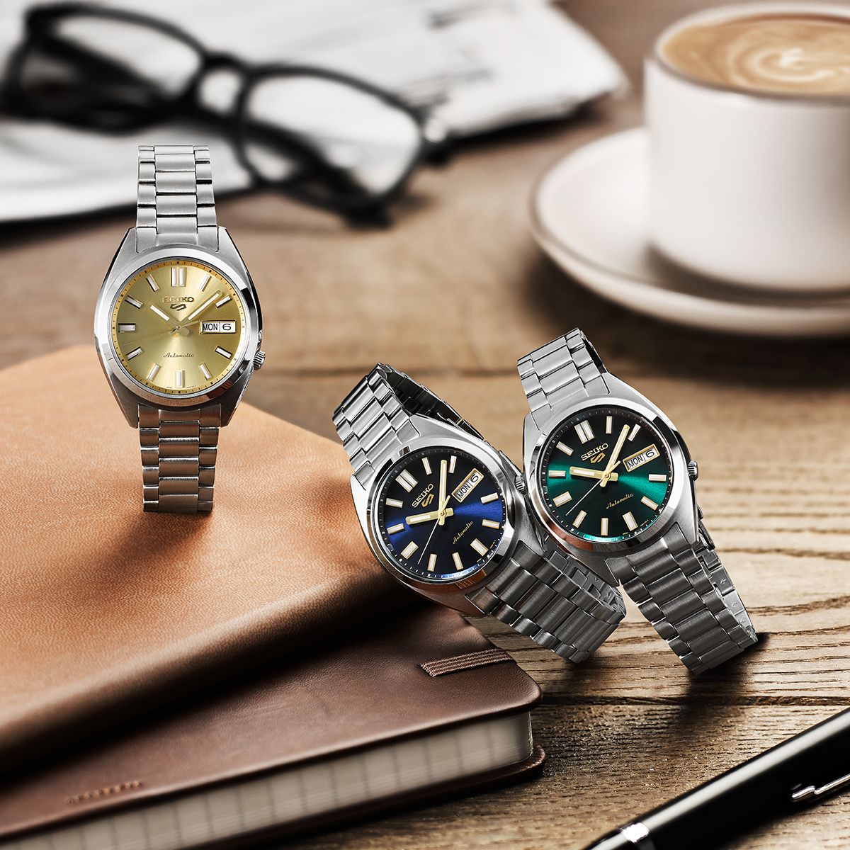 Seiko 5 Sports SNXS Vintage Gold Collection In Gold Cufflinks, Blazer Blue & Green Tie - SRPL59, SRPL55 & SRPL57