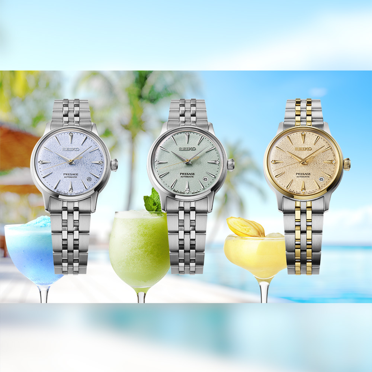 Seiko Presage 'Frozen Skydiving', 'Frozen Mojito' & 'Frozen Daiquiri' Diamond Cocktail Time - SRPL61, SRPL63 & SRPL64