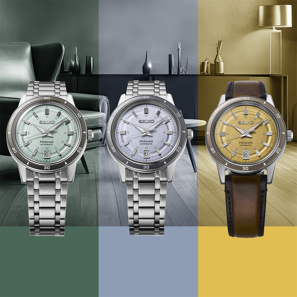 Seiko Presage Style 60s In Ice Green, Silvery Violet & Golden Yellow - SRPL71, SRPL73 & SRPL75