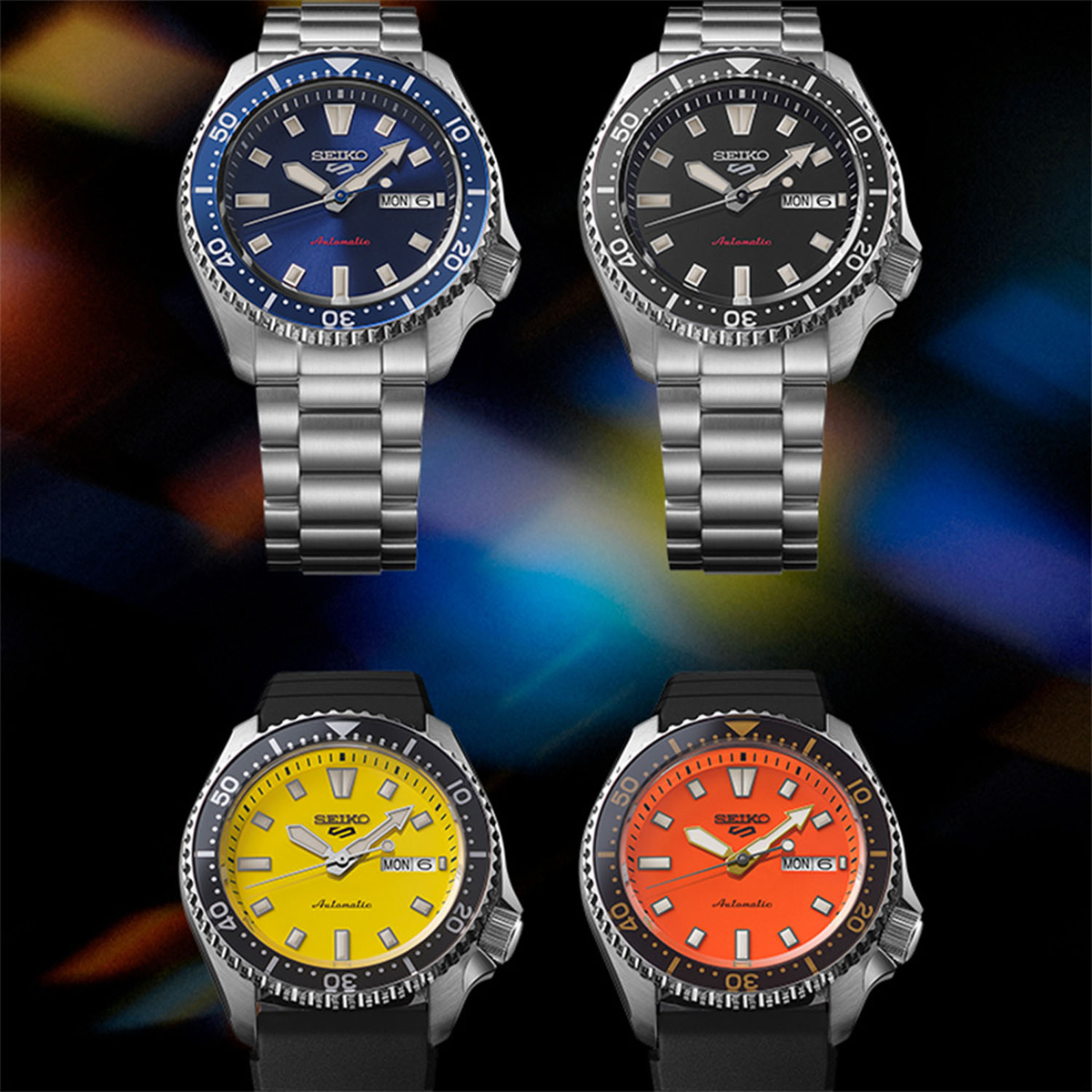 Seiko 5 Sports SKX Redux In Ki-Iro Yellow, Koniro Blue, Daichi Orange & Kuro Black  - SRPL87, SRPL83, SRPL89 & SRPL85