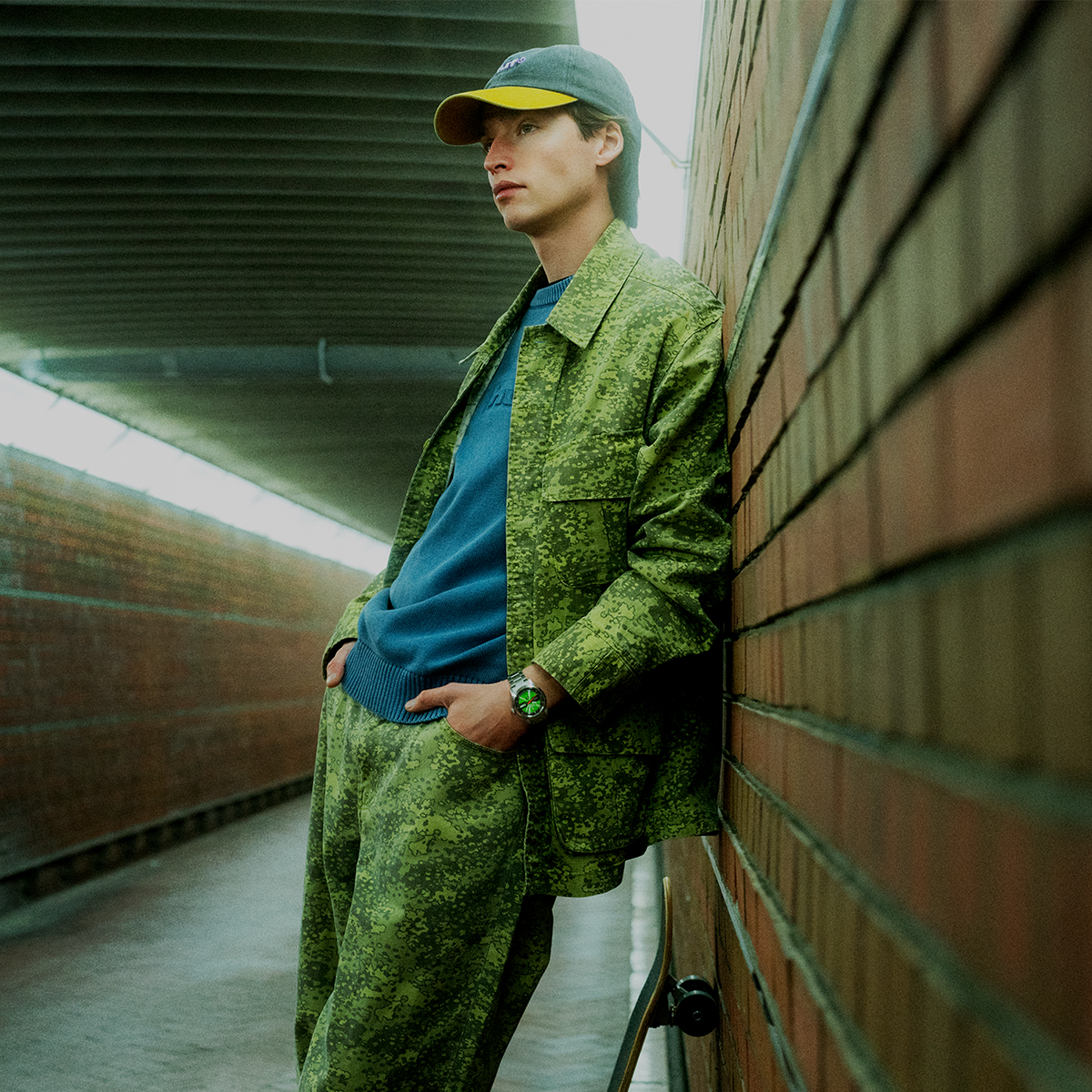 Model wears Seiko 5 Sports X HUF II Limited Edition Collaboration - SRPM09K1