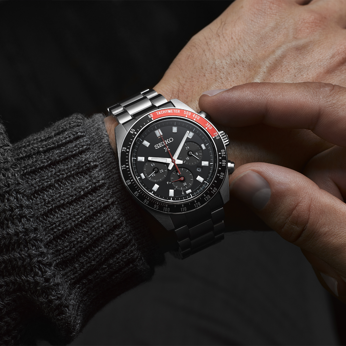 Model wears Seiko Prospex Speedtimer “Go Large” Solar Chronograph, Black Dial With Stainless Steel Bracelet - SSC915P1