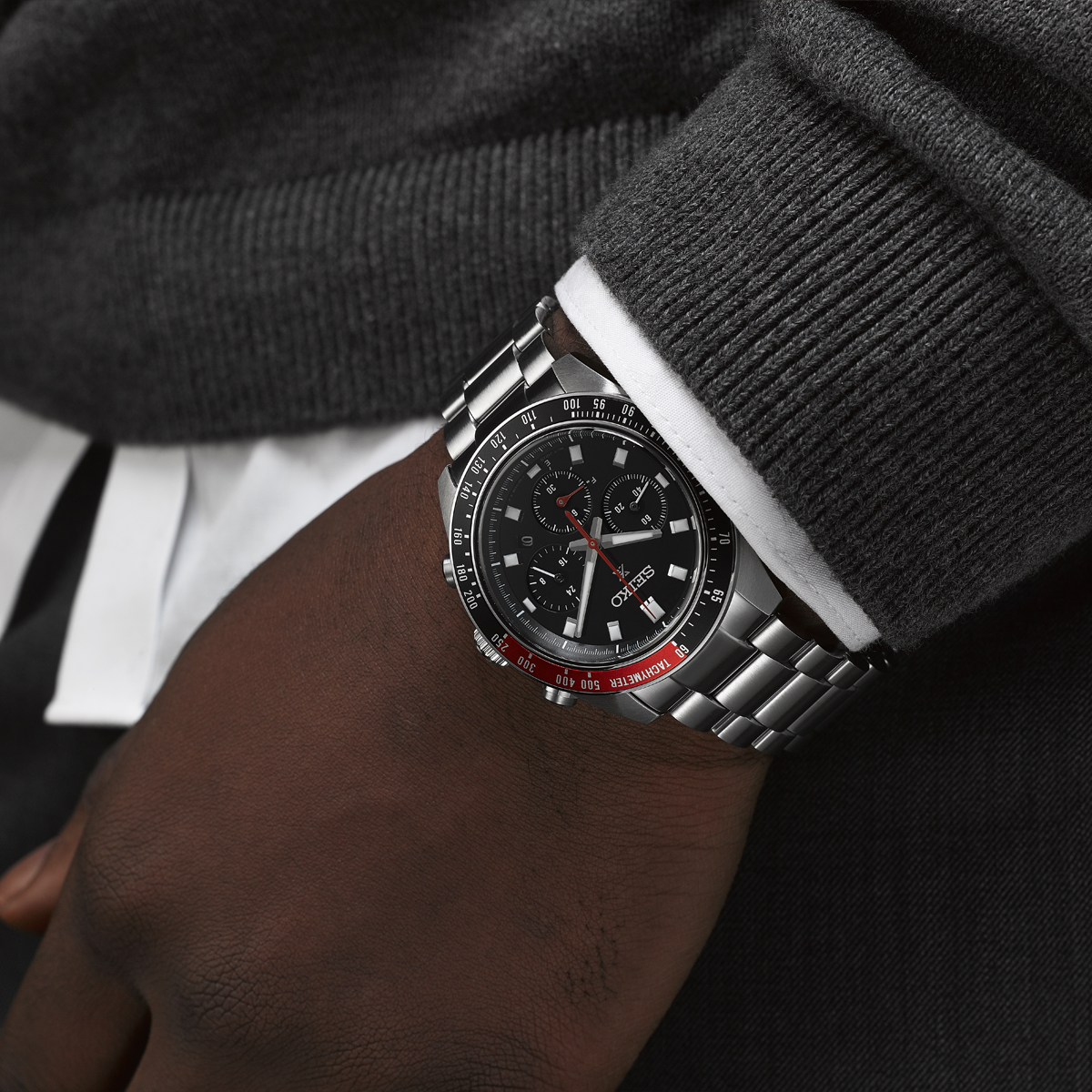 Model wears Seiko Prospex Speedtimer “Go Large” Solar Chronograph, Black Dial With Stainless Steel Bracelet - SSC915P1