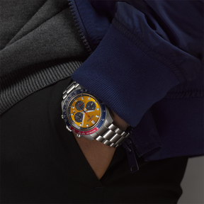 Model wears Seiko Prospex 'Pogue' Solar Chronograph 1969 Re-interpretation - SSC947P1