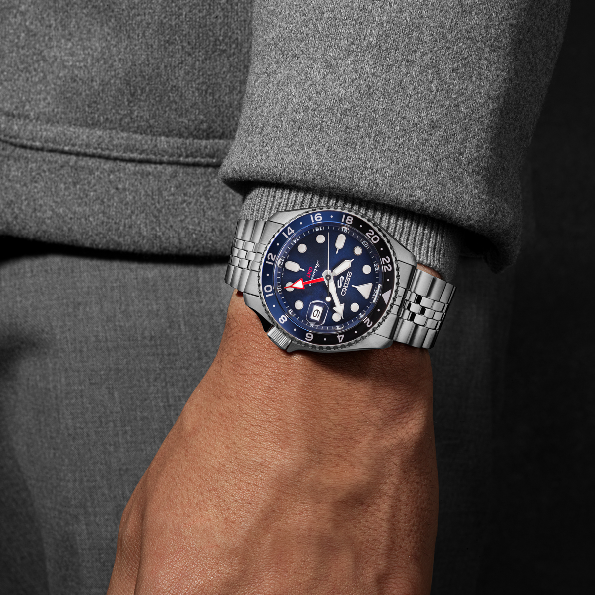 Model wears Seiko 5 Sports “Blueberry” GMT, SKX Re-Interpretation - SSK003K1