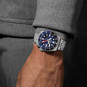 Model wears Seiko 5 Sports “Blueberry” GMT, SKX Re-Interpretation - SSK003K1