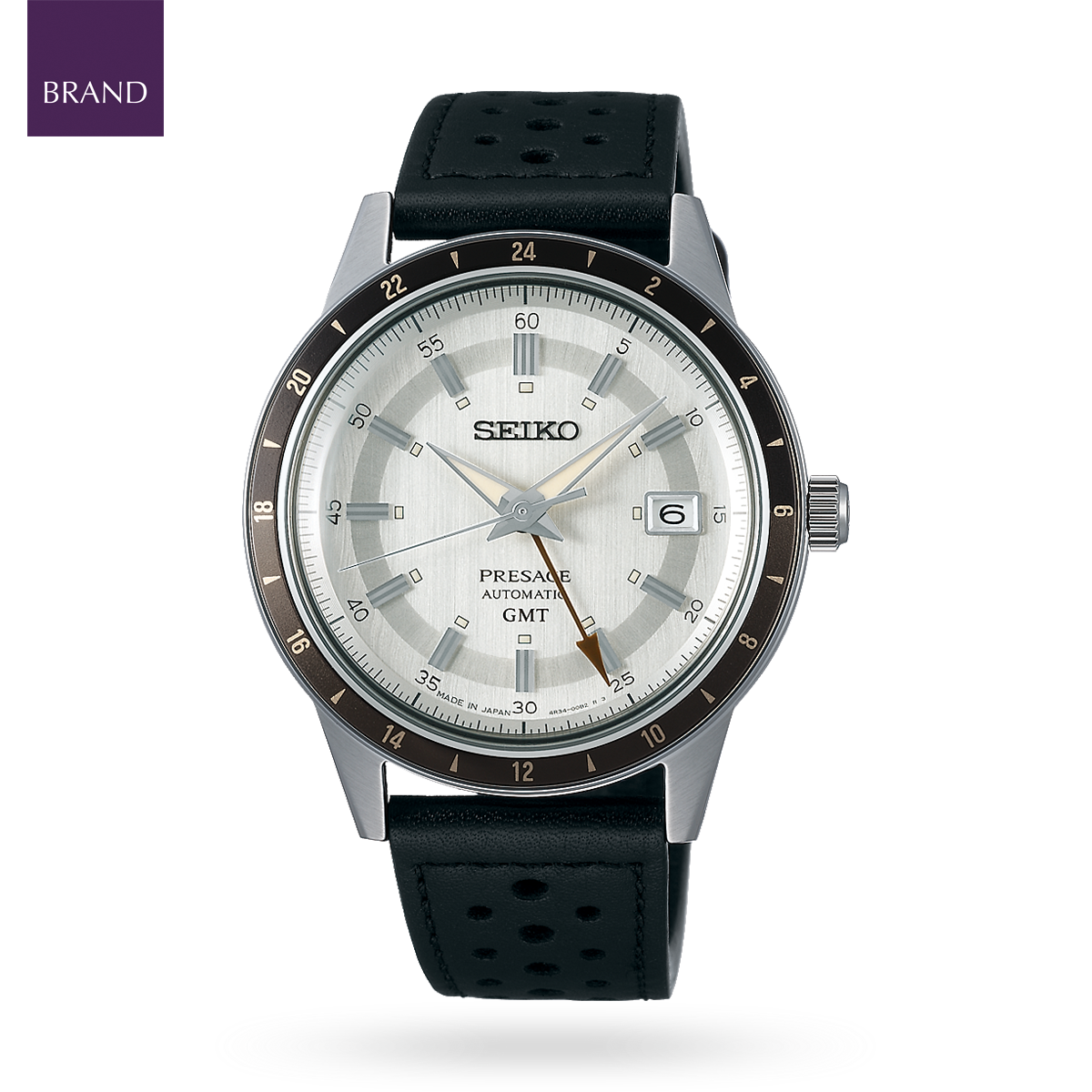 Seiko Presage “Stone” Style 60s Road Trip GMT, Brown Bezel with Black Leather Strap - SSK011J1