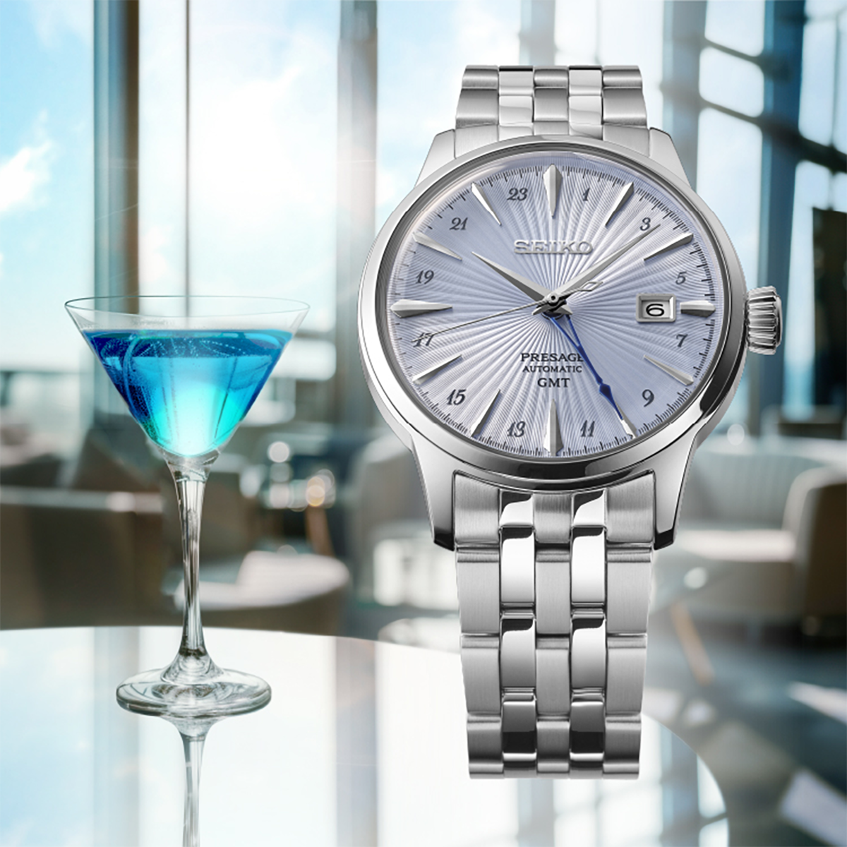 Seiko Presage ‘Skydiving' Cocktail Time GMT, Blue Dial with Stainless Steel Bracelet - SSK037J1 