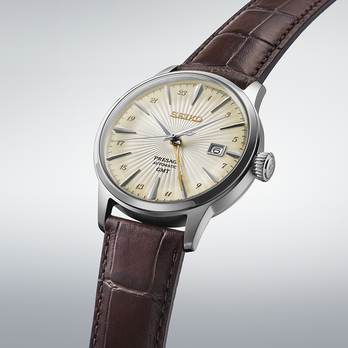 Seiko Presage 'Acacia' Cocktail Time GMT, Cream Dial with Brown Leather Strap - SSK041J1