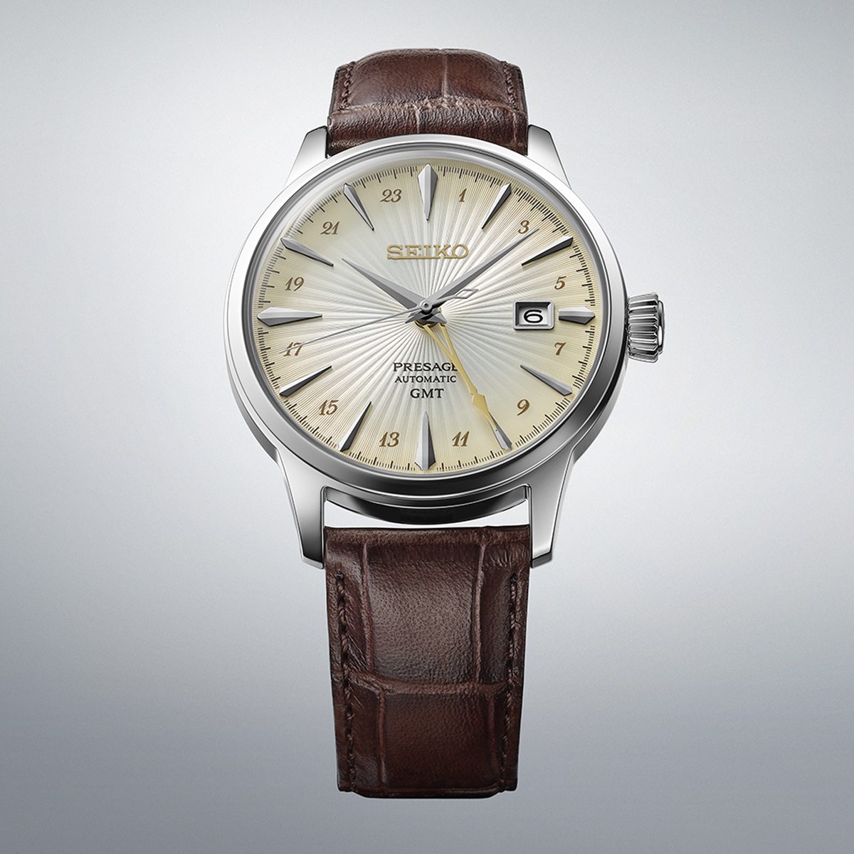 Seiko Presage 'Acacia' Cocktail Time GMT, Cream Dial with Brown Leather Strap - SSK041J1