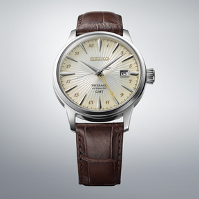 Seiko Presage 'Acacia' Cocktail Time GMT, Cream Dial with Brown Leather Strap - SSK041J1