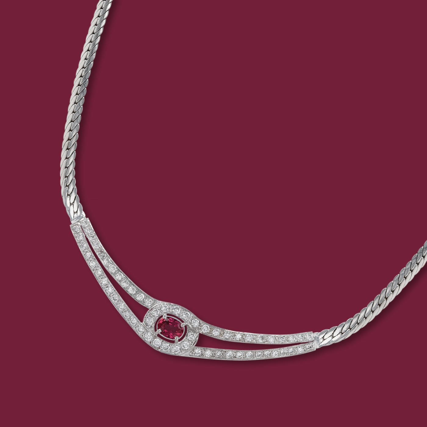 18ct White Gold Ruby & Diamond Set Herringbone Necklace.