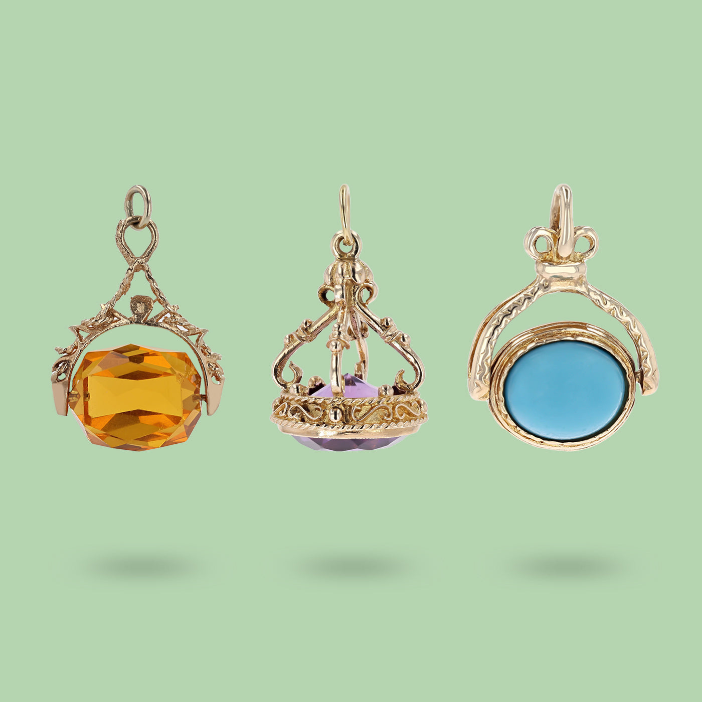 9ct Yellow Gold Watch Fobs Set with Citrine, Amethyst, Turquoise and Onyx.