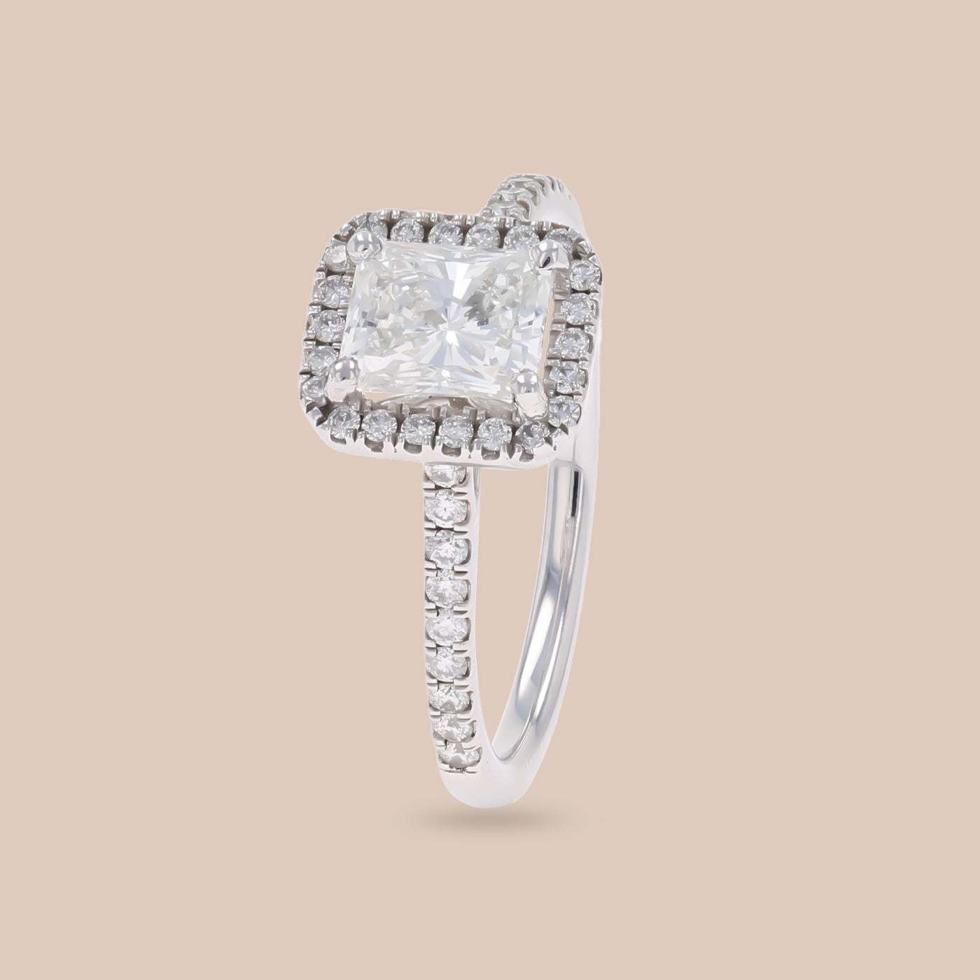 Platinum Radiant Cut Certified 1.49ctw Diamond Halo & Shoulders Ring.
