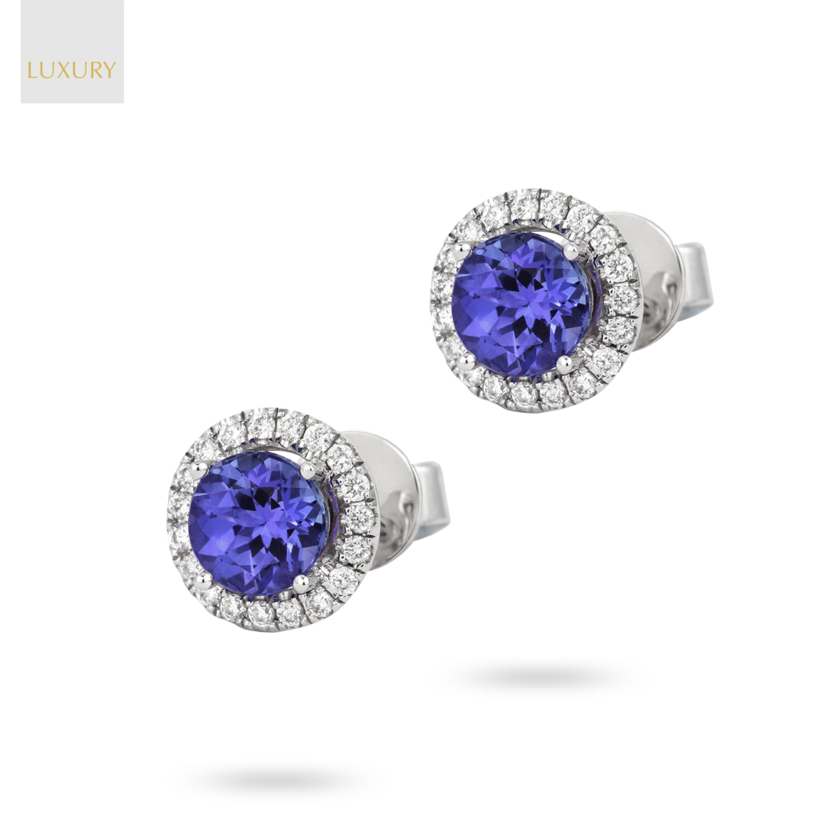 18ct White Gold Tanzanite & Diamond Round Halo Earrings