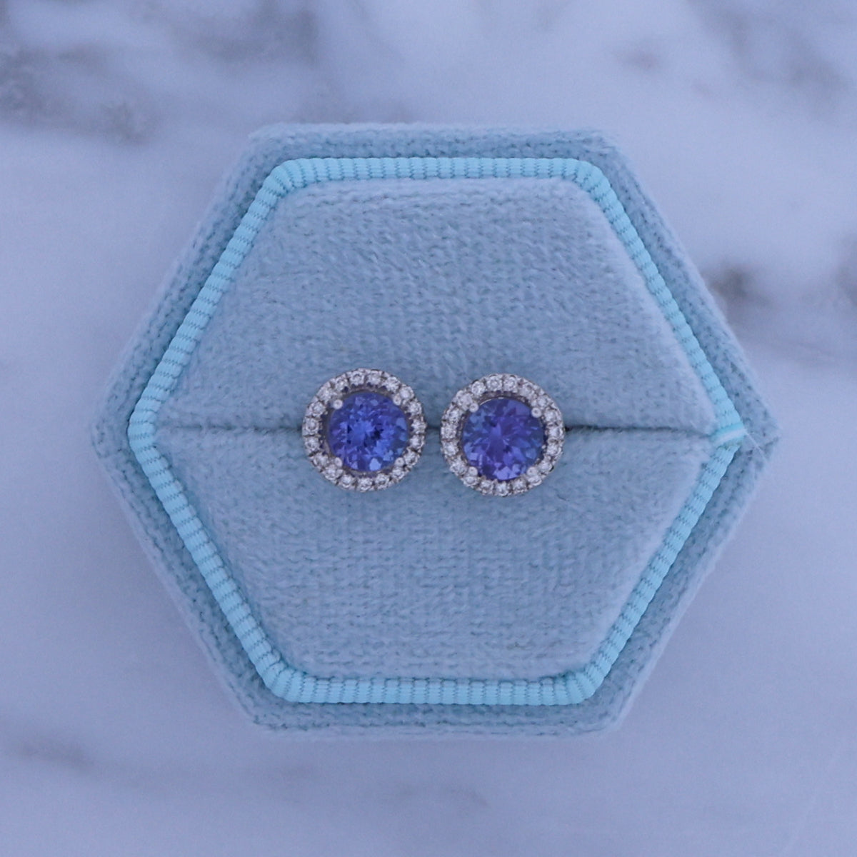 18ct White Gold Tanzanite & Diamond Round Halo Earrings