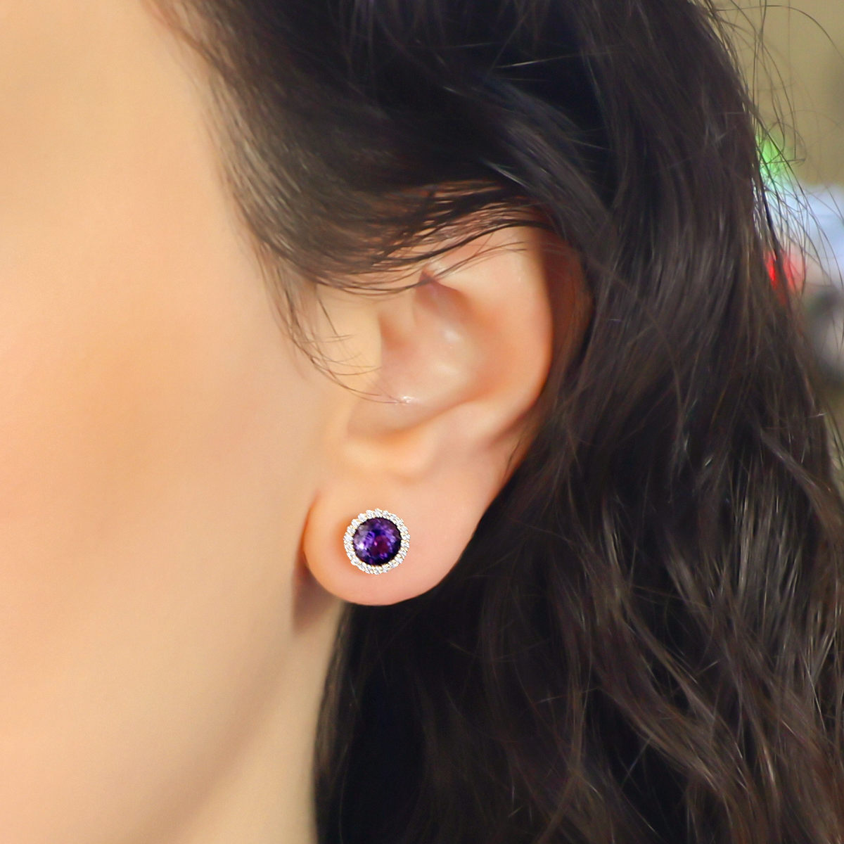 Model wears 18ct Yellow Gold Amethyst & Diamond Round Halo Earrings